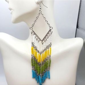 Boho bohemian feminine romantic tassel diamond shaped earrings yellow green